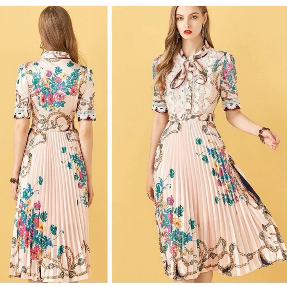 Dalia Macphee Bow Short Sleeve Pleated‎ Midi Dress Floral | Pink | SZ M